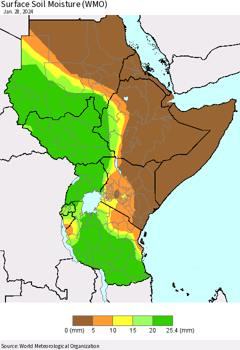 Eastern Africa Surface Soil Moisture (WMO) Thematic Map For 1/22/2024 - 1/28/2024