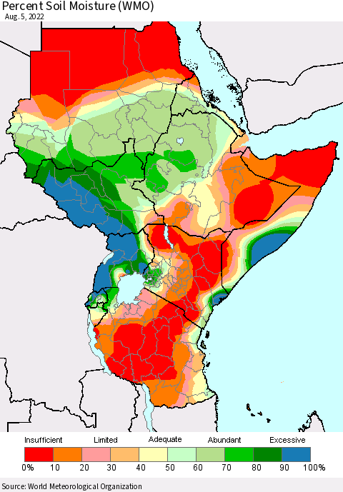 Eastern Africa Percent Soil Moisture (WMO) Thematic Map For 8/1/2022 - 8/5/2022