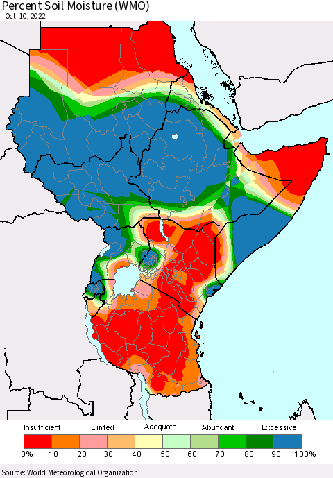 Eastern Africa Percent Soil Moisture (WMO) Thematic Map For 10/6/2022 - 10/10/2022