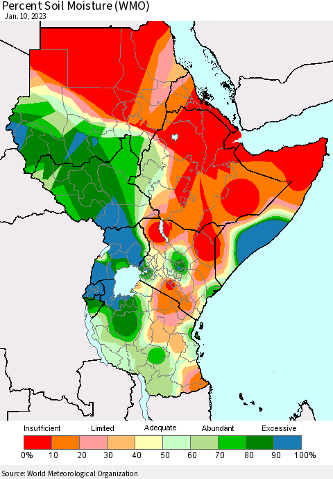 Eastern Africa Percent Soil Moisture (WMO) Thematic Map For 1/6/2023 - 1/10/2023