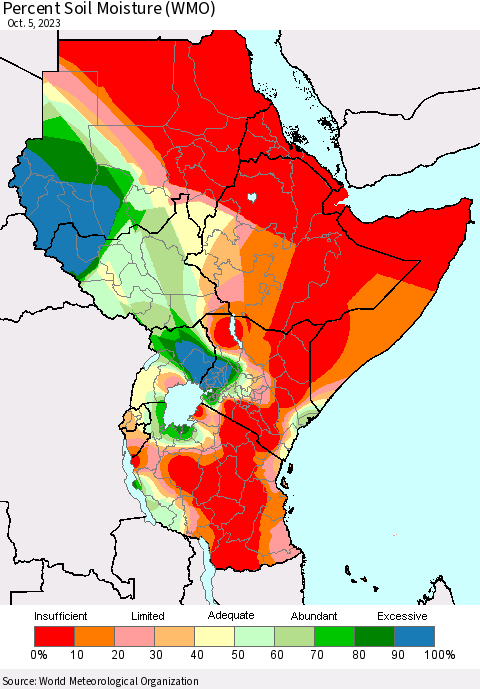 Eastern Africa Percent Soil Moisture (WMO) Thematic Map For 10/1/2023 - 10/5/2023