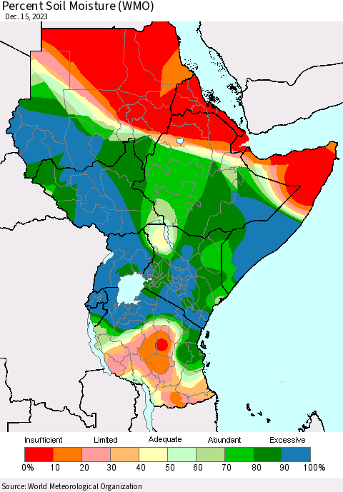Eastern Africa Percent Soil Moisture (WMO) Thematic Map For 12/11/2023 - 12/15/2023
