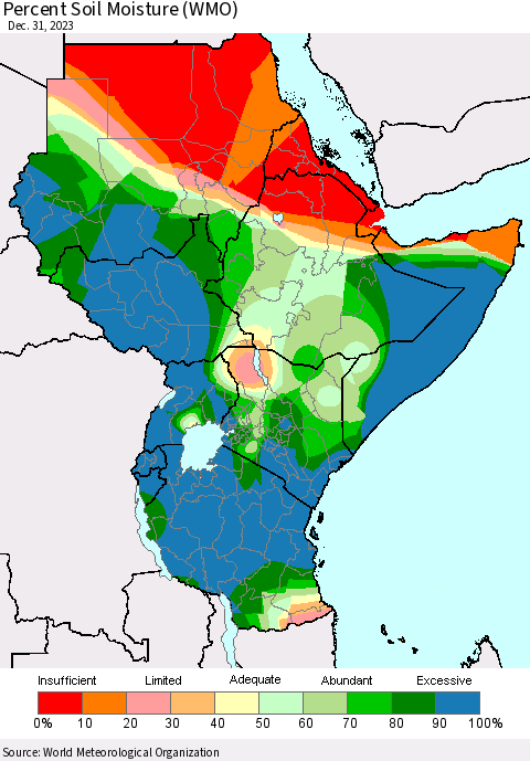 Eastern Africa Percent Soil Moisture (WMO) Thematic Map For 12/26/2023 - 12/31/2023