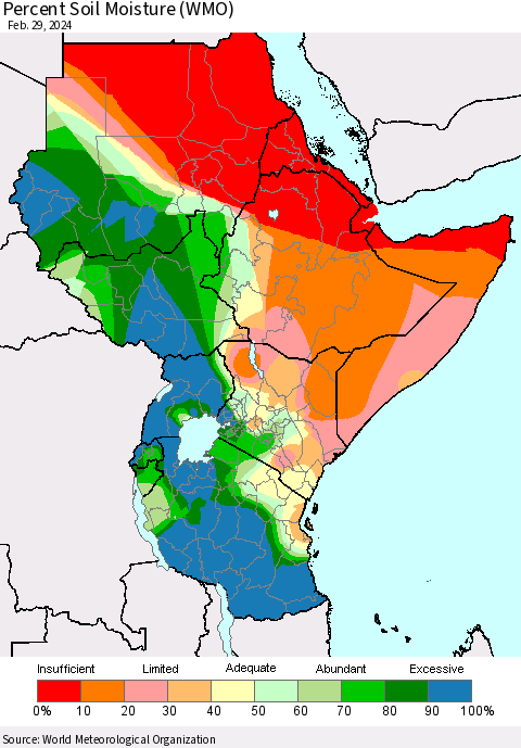 Eastern Africa Percent Soil Moisture (WMO) Thematic Map For 2/26/2024 - 2/29/2024