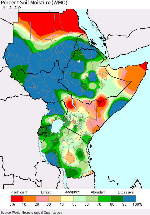Eastern Africa Percent Soil Moisture (WMO) Thematic Map For 1/16/2025 - 1/20/2025