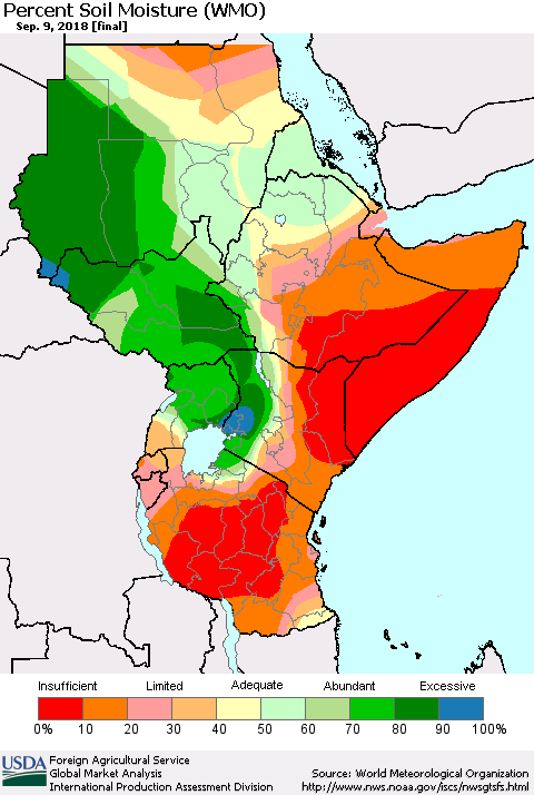 Eastern Africa Percent Soil Moisture (WMO) Thematic Map For 9/3/2018 - 9/9/2018