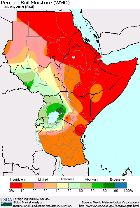 Eastern Africa Percent Soil Moisture (WMO) Thematic Map For 7/15/2019 - 7/21/2019