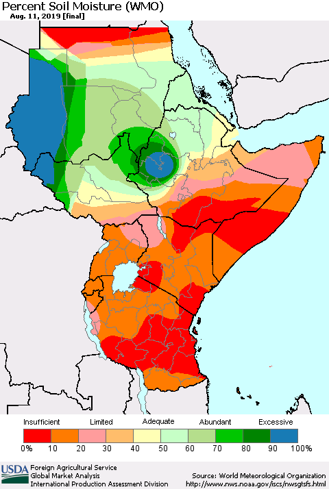 Eastern Africa Percent Soil Moisture (WMO) Thematic Map For 8/5/2019 - 8/11/2019