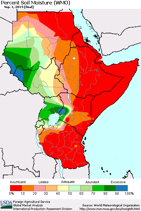 Eastern Africa Percent Soil Moisture (WMO) Thematic Map For 8/26/2019 - 9/1/2019