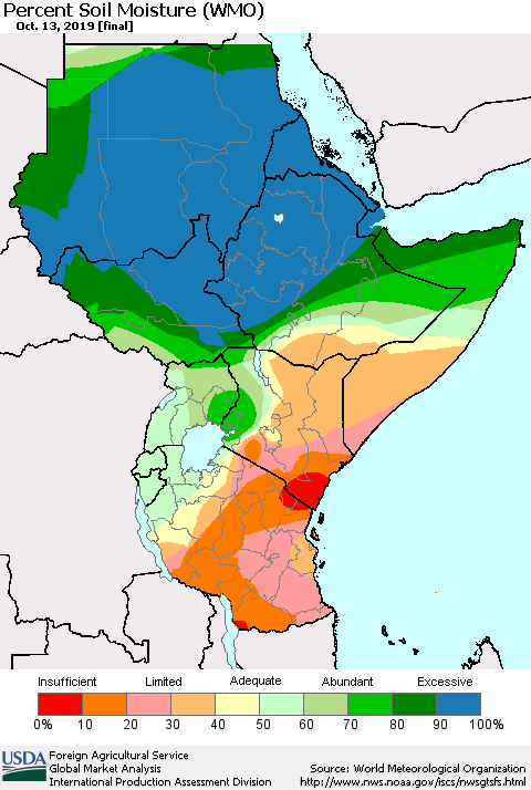 Eastern Africa Percent Soil Moisture (WMO) Thematic Map For 10/7/2019 - 10/13/2019
