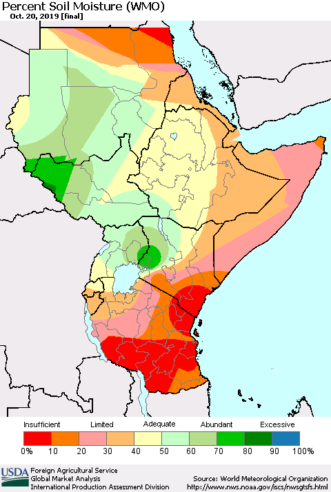 Eastern Africa Percent Soil Moisture (WMO) Thematic Map For 10/14/2019 - 10/20/2019