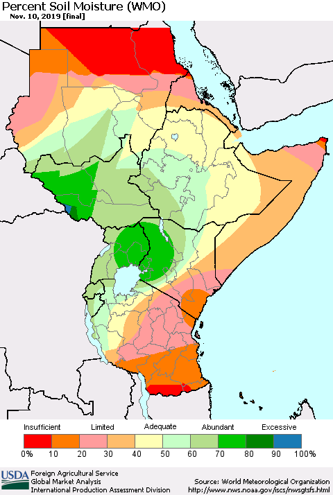 Eastern Africa Percent Soil Moisture (WMO) Thematic Map For 11/4/2019 - 11/10/2019
