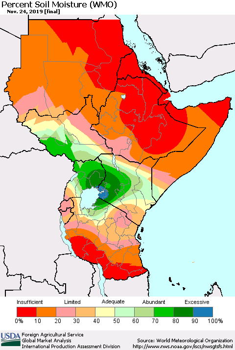 Eastern Africa Percent Soil Moisture (WMO) Thematic Map For 11/18/2019 - 11/24/2019