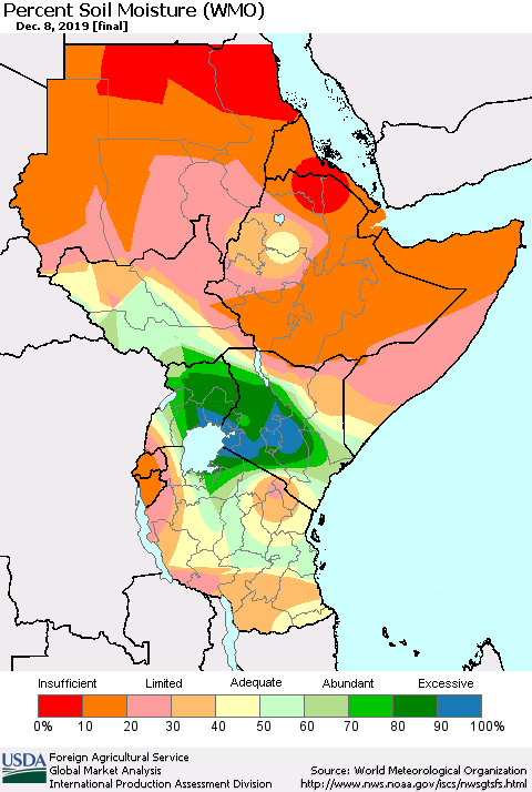 Eastern Africa Percent Soil Moisture (WMO) Thematic Map For 12/2/2019 - 12/8/2019
