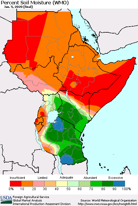 Eastern Africa Percent Soil Moisture (WMO) Thematic Map For 12/30/2019 - 1/5/2020