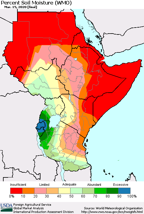 Eastern Africa Percent Soil Moisture (WMO) Thematic Map For 3/9/2020 - 3/15/2020