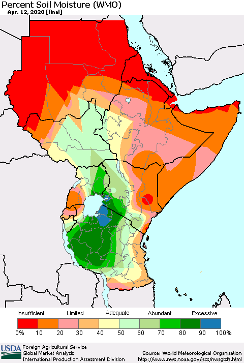 Eastern Africa Percent Soil Moisture (WMO) Thematic Map For 4/6/2020 - 4/12/2020