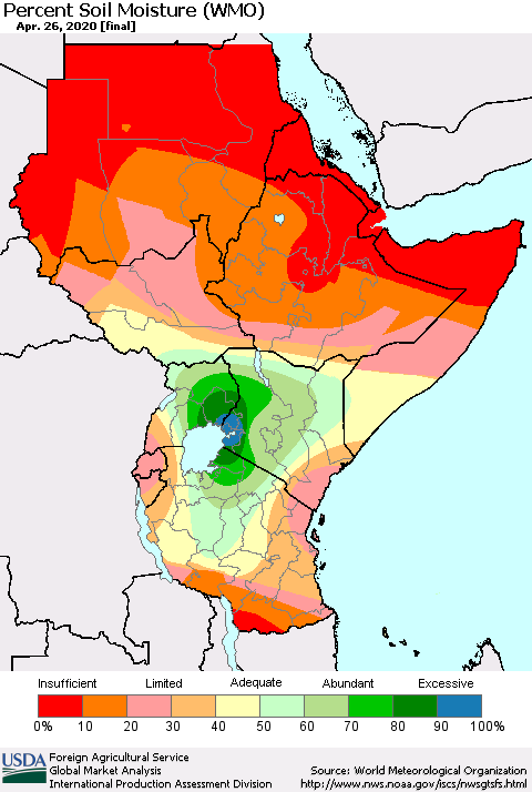 Eastern Africa Percent Soil Moisture (WMO) Thematic Map For 4/20/2020 - 4/26/2020