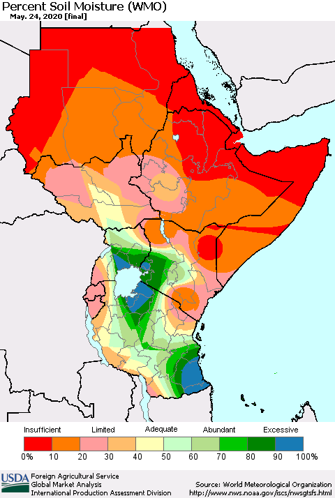 Eastern Africa Percent Soil Moisture (WMO) Thematic Map For 5/18/2020 - 5/24/2020