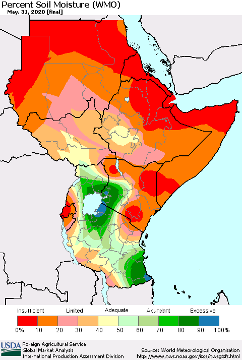 Eastern Africa Percent Soil Moisture (WMO) Thematic Map For 5/25/2020 - 5/31/2020