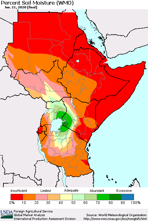 Eastern Africa Percent Soil Moisture (WMO) Thematic Map For 6/15/2020 - 6/21/2020
