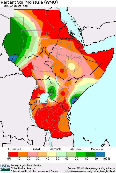 Eastern Africa Percent Soil Moisture (WMO) Thematic Map For 9/7/2020 - 9/13/2020
