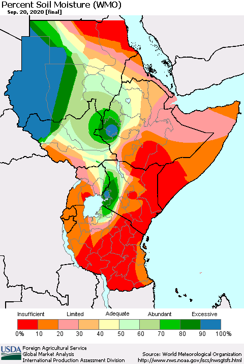 Eastern Africa Percent Soil Moisture (WMO) Thematic Map For 9/14/2020 - 9/20/2020