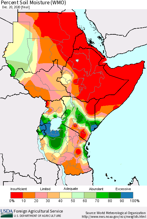 Eastern Africa Percent Soil Moisture (WMO) Thematic Map For 12/14/2020 - 12/20/2020
