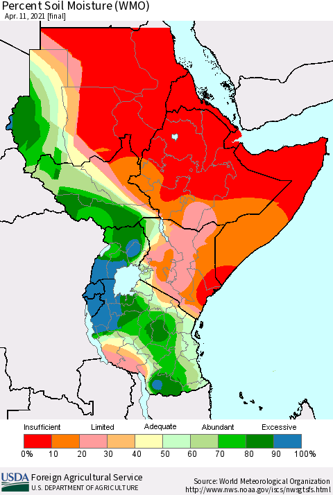 Eastern Africa Percent Soil Moisture (WMO) Thematic Map For 4/5/2021 - 4/11/2021