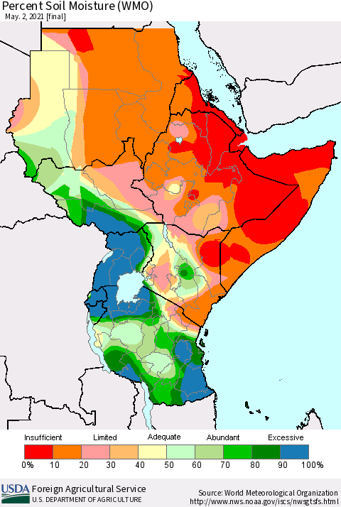 Eastern Africa Percent Soil Moisture (WMO) Thematic Map For 4/26/2021 - 5/2/2021