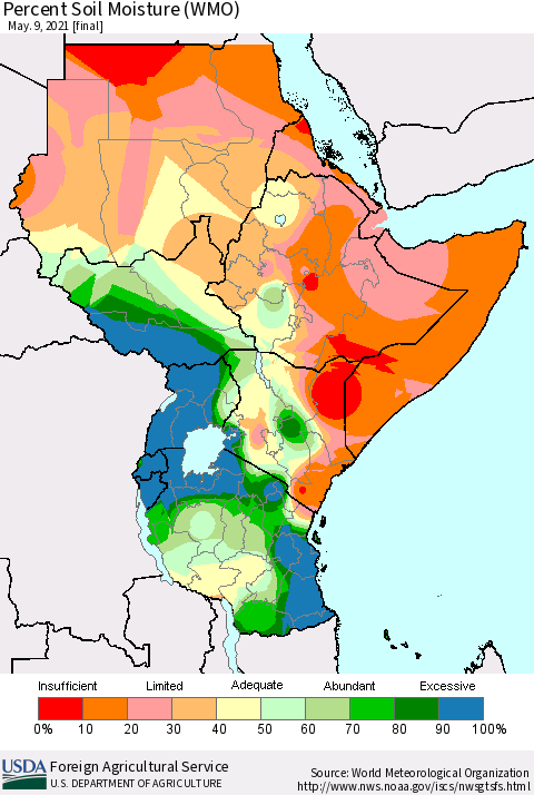 Eastern Africa Percent Soil Moisture (WMO) Thematic Map For 5/3/2021 - 5/9/2021