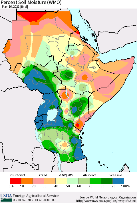 Eastern Africa Percent Soil Moisture (WMO) Thematic Map For 5/10/2021 - 5/16/2021