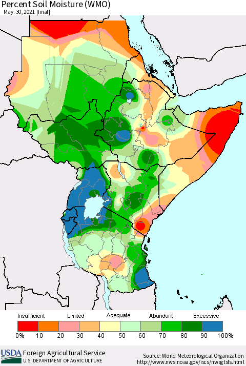 Eastern Africa Percent Soil Moisture (WMO) Thematic Map For 5/24/2021 - 5/30/2021