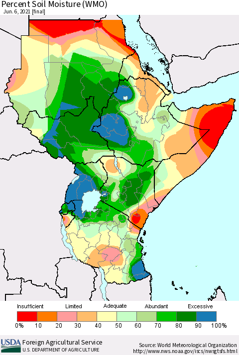 Eastern Africa Percent Soil Moisture (WMO) Thematic Map For 5/31/2021 - 6/6/2021