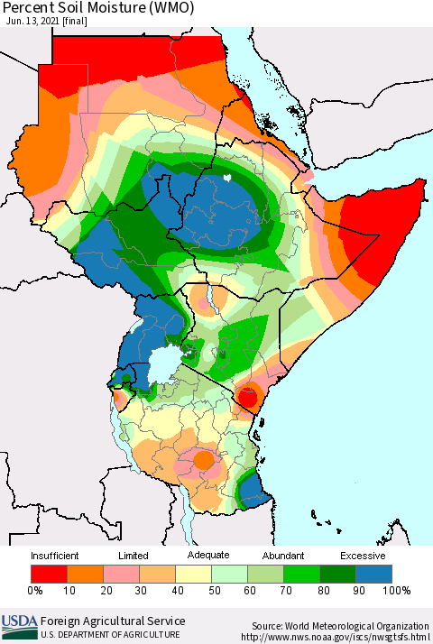 Eastern Africa Percent Soil Moisture (WMO) Thematic Map For 6/7/2021 - 6/13/2021