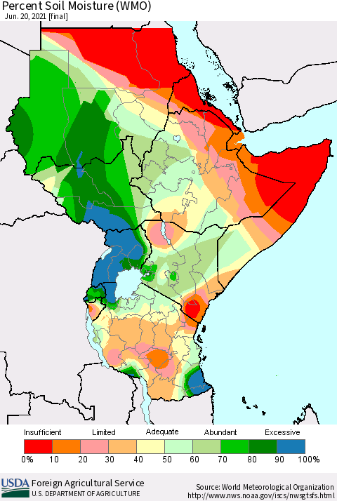 Eastern Africa Percent Soil Moisture (WMO) Thematic Map For 6/14/2021 - 6/20/2021