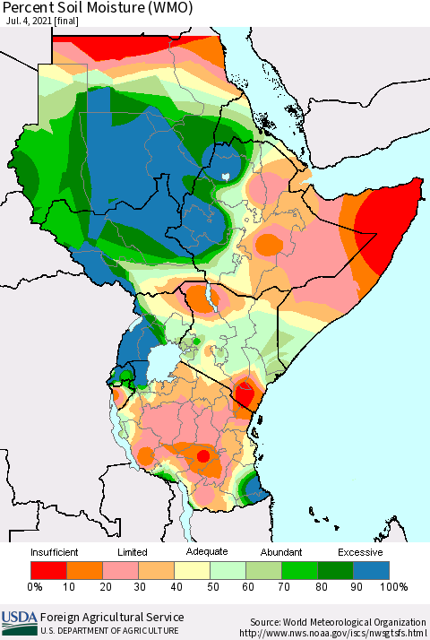 Eastern Africa Percent Soil Moisture (WMO) Thematic Map For 6/28/2021 - 7/4/2021