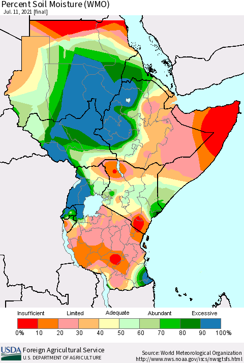 Eastern Africa Percent Soil Moisture (WMO) Thematic Map For 7/5/2021 - 7/11/2021