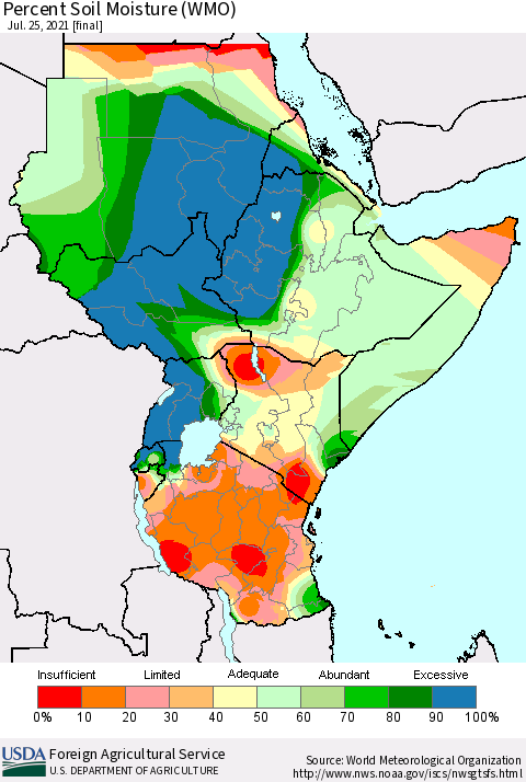 Eastern Africa Percent Soil Moisture (WMO) Thematic Map For 7/19/2021 - 7/25/2021