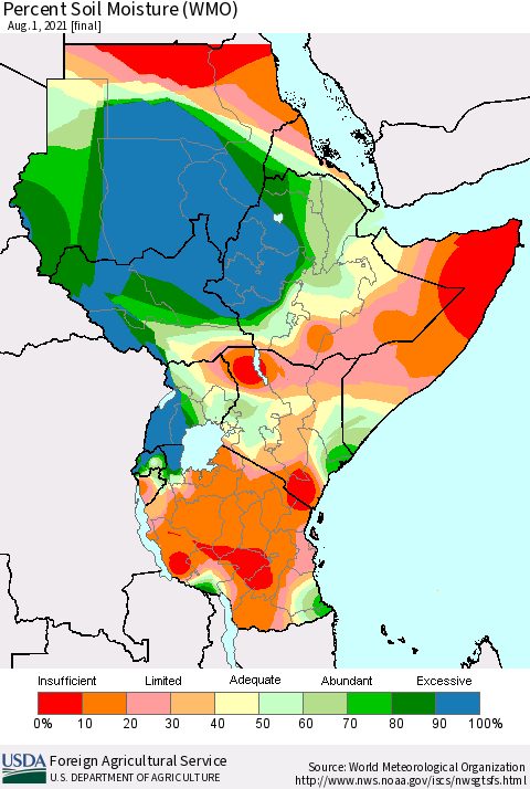 Eastern Africa Percent Soil Moisture (WMO) Thematic Map For 7/26/2021 - 8/1/2021