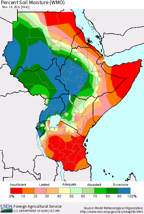 Eastern Africa Percent Soil Moisture (WMO) Thematic Map For 11/8/2021 - 11/14/2021