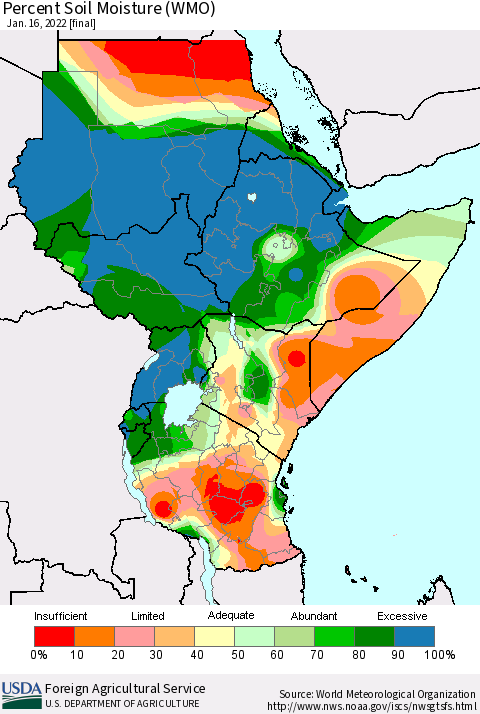 Eastern Africa Percent Soil Moisture (WMO) Thematic Map For 1/10/2022 - 1/16/2022