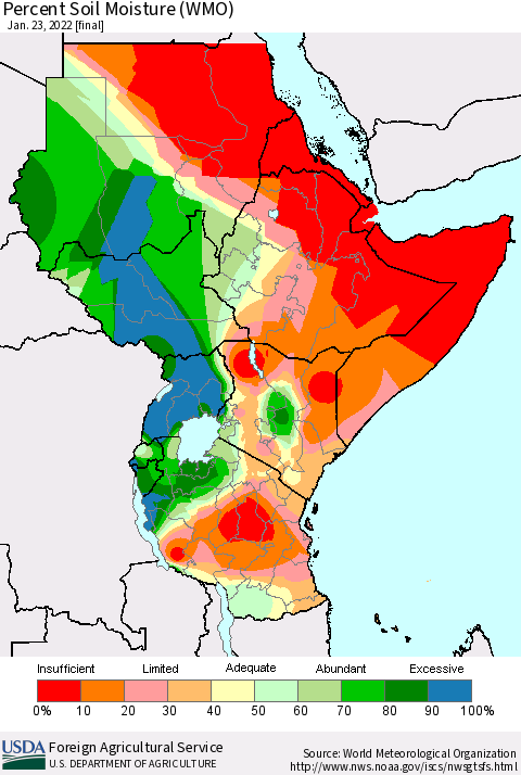 Eastern Africa Percent Soil Moisture (WMO) Thematic Map For 1/17/2022 - 1/23/2022