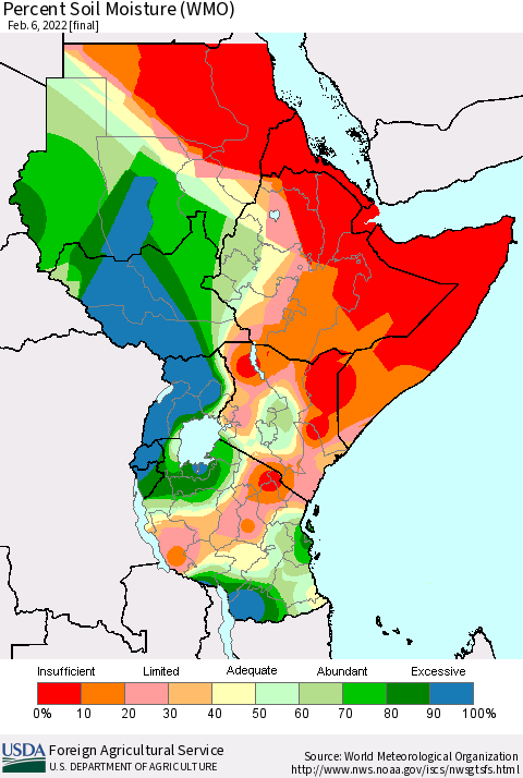 Eastern Africa Percent Soil Moisture (WMO) Thematic Map For 1/31/2022 - 2/6/2022
