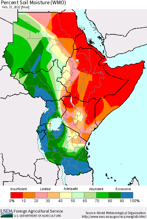 Eastern Africa Percent Soil Moisture (WMO) Thematic Map For 2/21/2022 - 2/27/2022