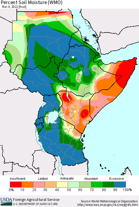 Eastern Africa Percent Soil Moisture (WMO) Thematic Map For 2/28/2022 - 3/6/2022
