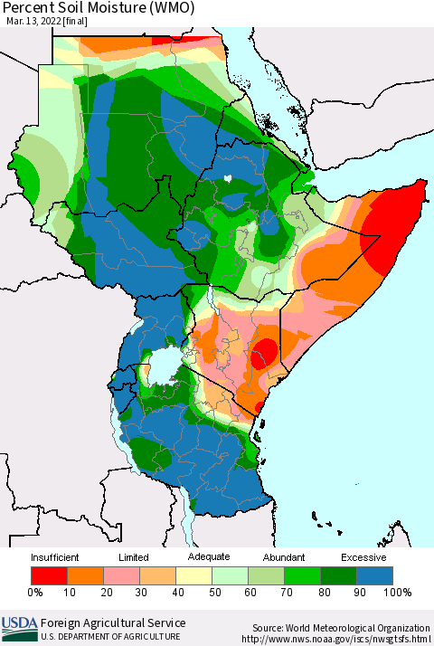 Eastern Africa Percent Soil Moisture (WMO) Thematic Map For 3/7/2022 - 3/13/2022