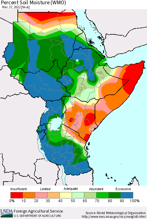 Eastern Africa Percent Soil Moisture (WMO) Thematic Map For 3/21/2022 - 3/27/2022