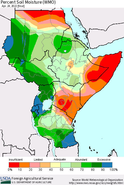 Eastern Africa Percent Soil Moisture (WMO) Thematic Map For 4/18/2022 - 4/24/2022