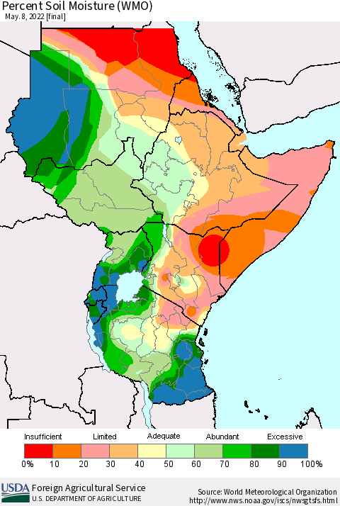 Eastern Africa Percent Soil Moisture (WMO) Thematic Map For 5/2/2022 - 5/8/2022